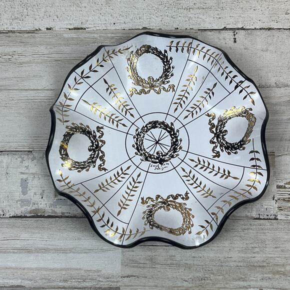MCM Vintage Ruffled Serving Dish Emily Troy Design Gold & White On Black Glass - Picture 1 of 1